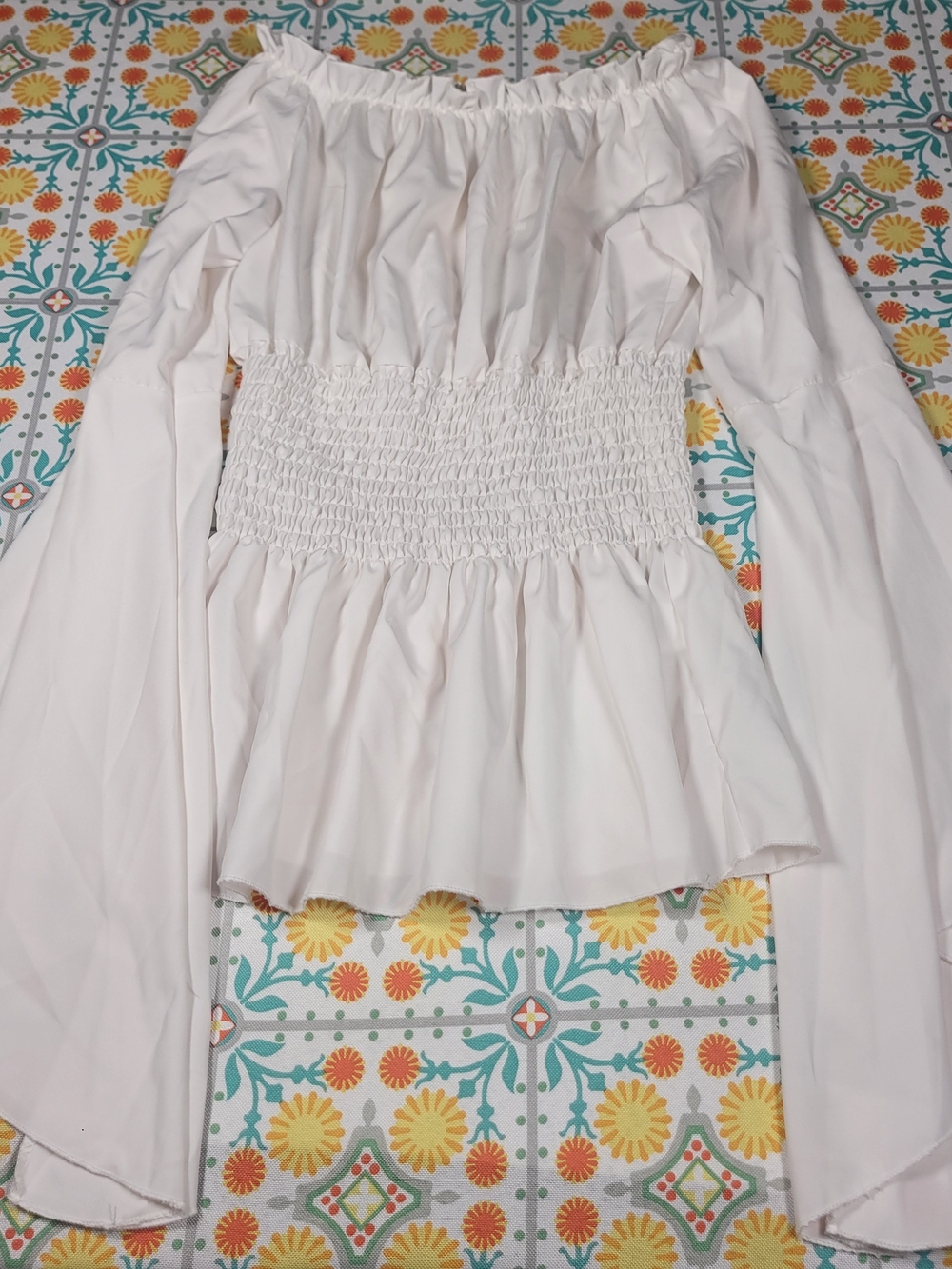 White Off-Shoulder Smocked Waist Long Flared Sleeve Blouse RennFaire Size Medium